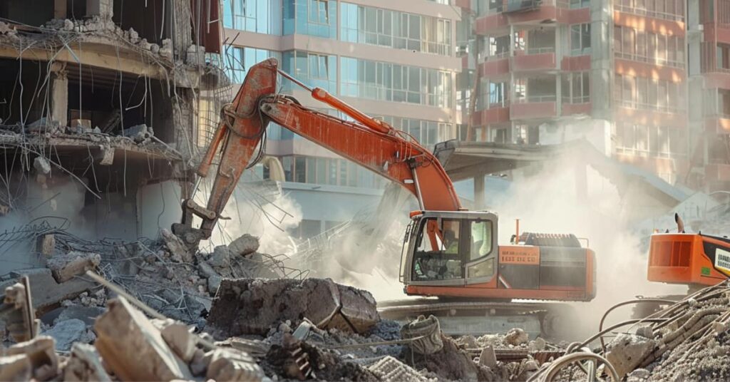 backhoe stirring up construction dust